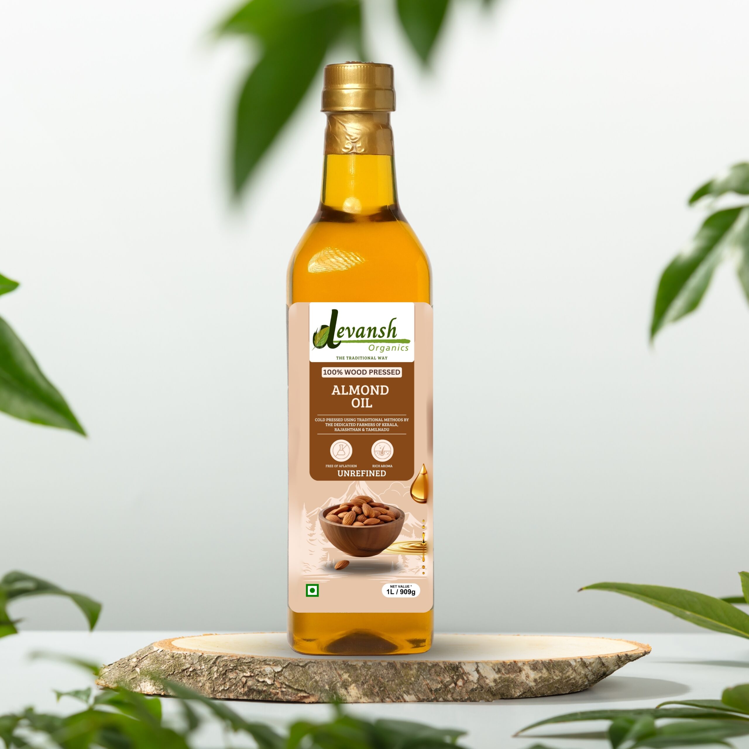 "Purely Cold-Pressed for Your Skin, Hair, and Health – Devansh Organics Wood-Pressed Almond Oil."